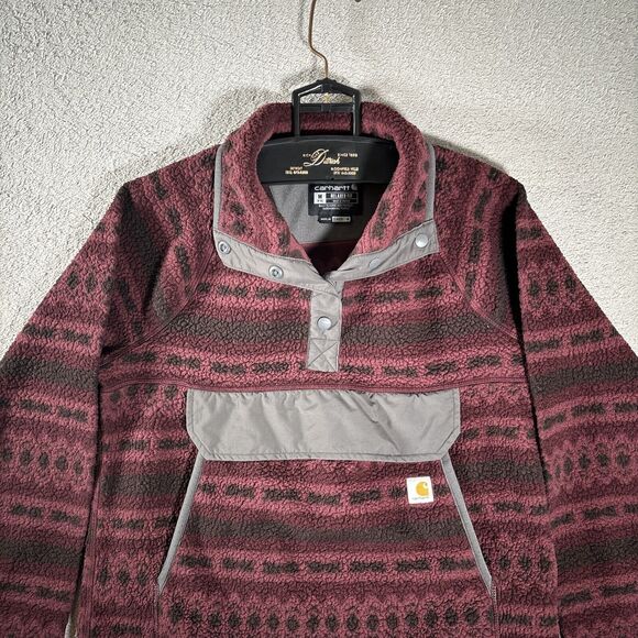 Carhartt Relaxed Fit Fleece Quarter-Snap Pullover Sz M Burgundy & Black Aztec - Picture 3 of 13